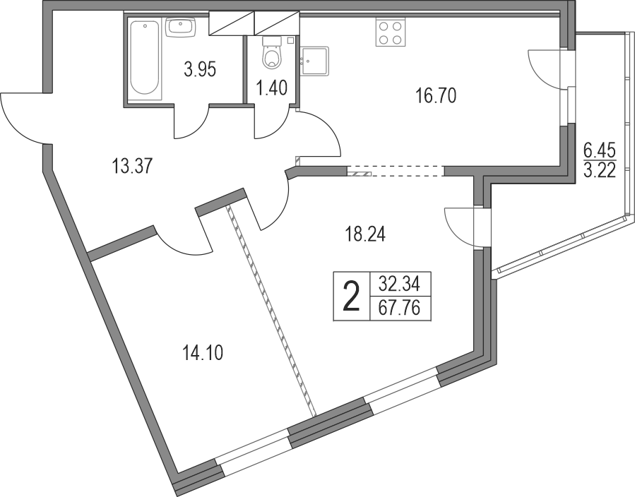 Планировка — Приморский квартал, 3-комн., 68 м²