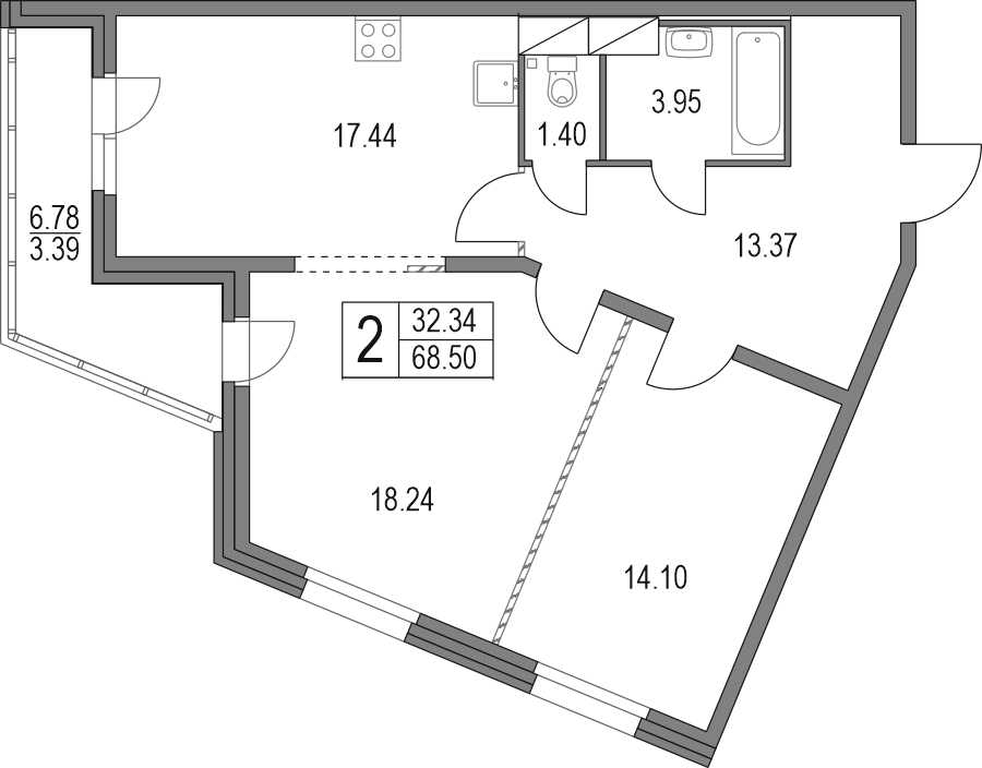 Планировка — Приморский квартал, 3-комн., 69 м²