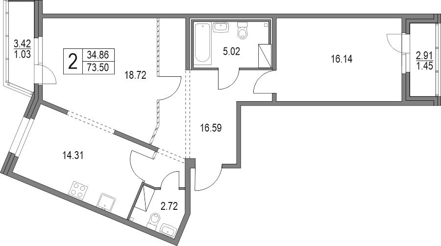 Планировка — Приморский квартал, 2-комн., 74 м²