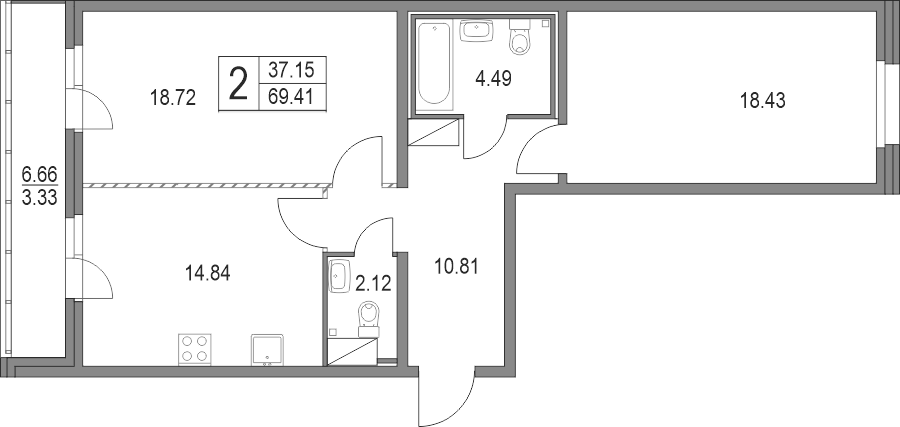 Планировка — Приморский квартал, 2-комн., 69 м²