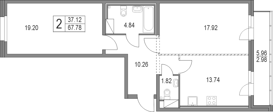 Планировка — Приморский квартал, 2-комн., 68 м²