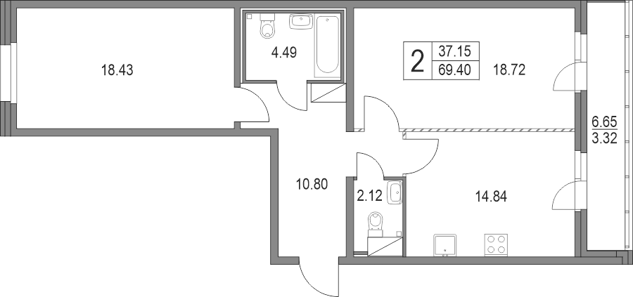 Планировка — Приморский квартал, 2-комн., 69 м²
