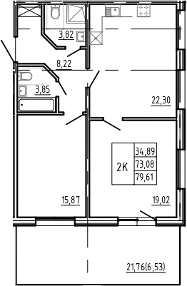 Планировка — Bereg. Курортный, 3-комн., 73 м²