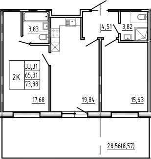 Планировка — Bereg. Курортный, 3-комн., 65 м²