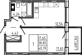 Планировка — Bereg. Курортный, 1-комн., 39 м²