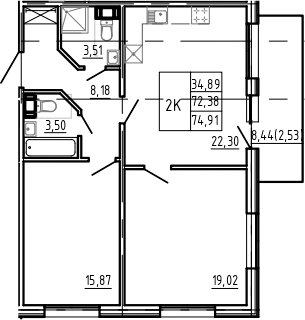 Планировка — Bereg. Курортный, 3-комн., 72 м²