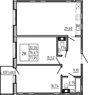 Планировка — Bereg. Курортный, 3-комн., 76 м²