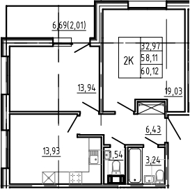 Планировка — Bereg. Курортный, 2-комн., 58 м²