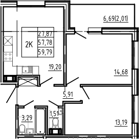 Планировка — Bereg. Курортный, 3-комн., 58 м²