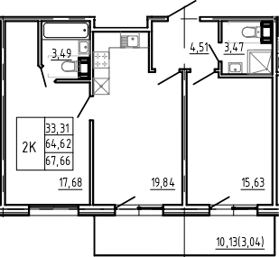 Планировка — Bereg. Курортный, 3-комн., 65 м²
