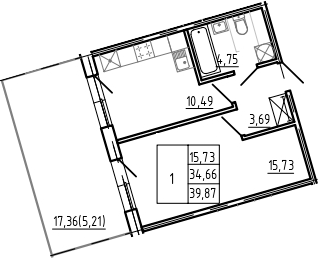 Планировка — Bereg. Курортный, 1-комн., 35 м²