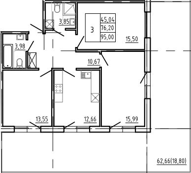 Планировка — Bereg. Курортный, 3-комн., 70 м²
