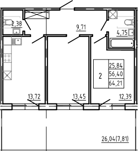 Планировка — Bereg. Курортный, 2-комн., 56 м²