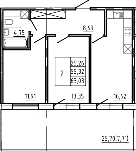 Планировка — Bereg. Курортный, 3-комн., 55 м²