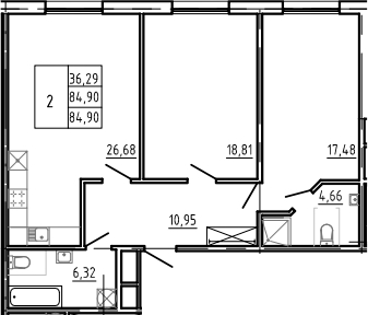 Планировка — Bereg. Курортный, 3-комн., 85 м²