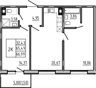 Планировка — Bereg. Курортный, 3-комн., 65 м²