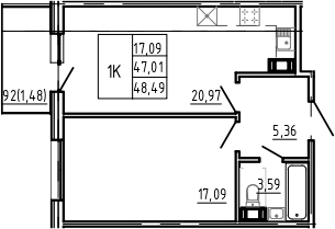 Планировка — Bereg. Курортный, 2-комн., 47 м²