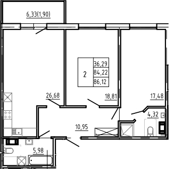 Планировка — Bereg. Курортный, 3-комн., 84 м²
