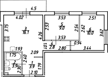 Планировка — Новые горизонты, 3-комн., 46 м²
