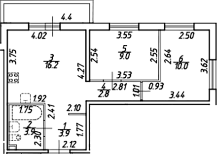 Планировка — Новые горизонты, 3-комн., 46 м²