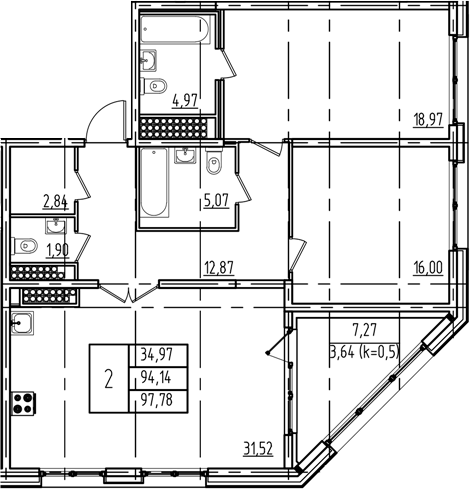 Планировка — Дефанс, 3-комн., 94 м²