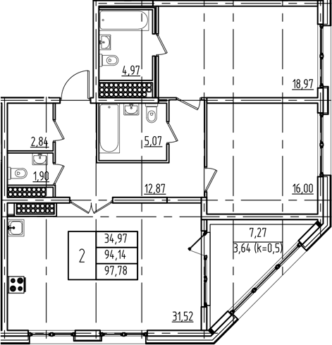 Планировка — Дефанс, 3-комн., 94 м²