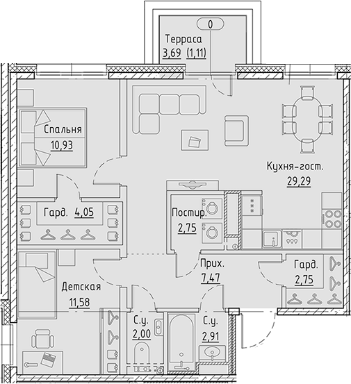 Планировка — Черная речка, 41, 3-комн., 74 м²