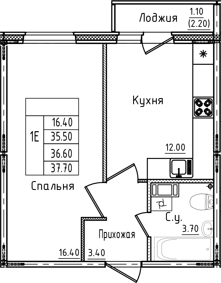 Планировка — Дуэт, 2-комн., 36 м²
