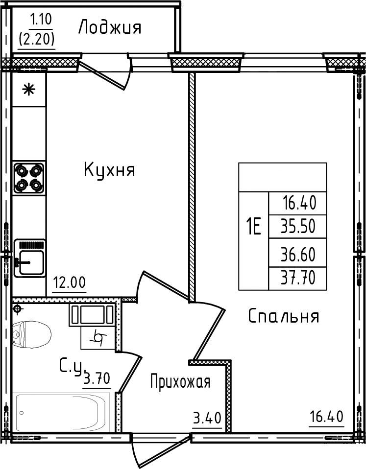 Планировка — Дуэт, 2-комн., 36 м²