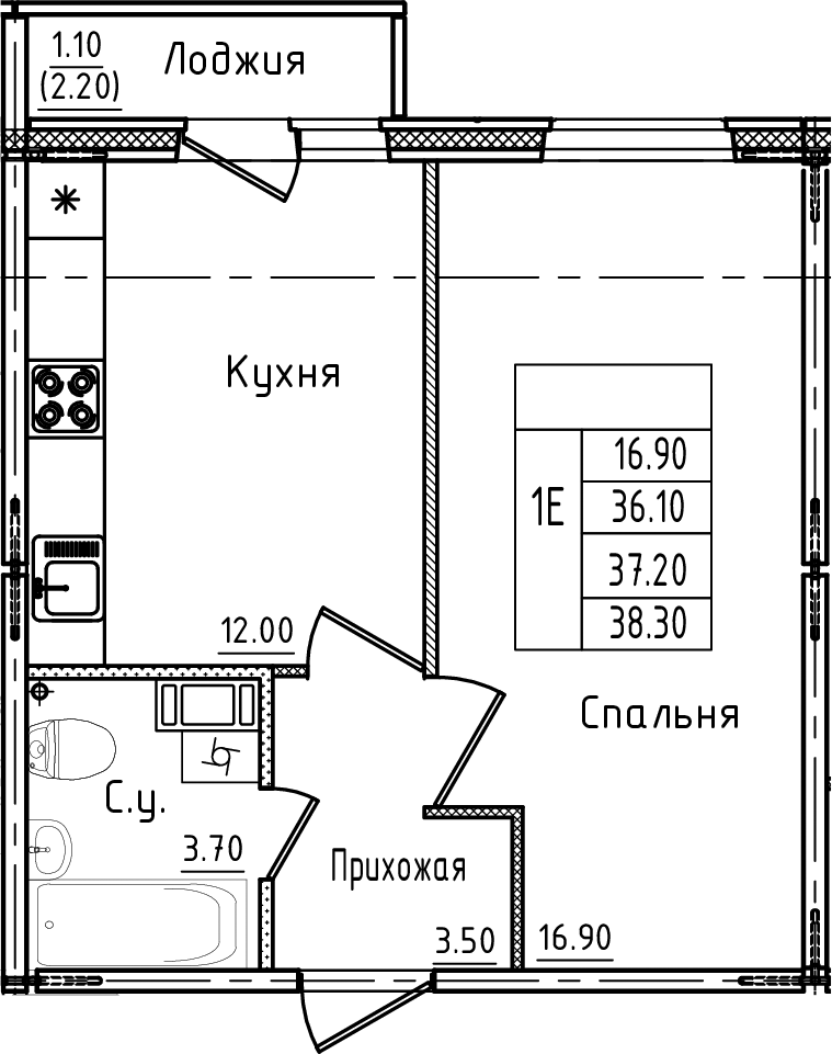 Планировка — Дуэт, 1-комн., 36 м²