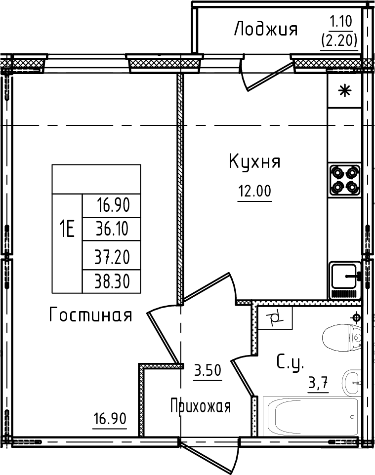 Планировка — Дуэт, 1-комн., 36 м²