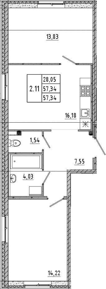 Планировка — Новые горизонты, 3-комн., 57 м²