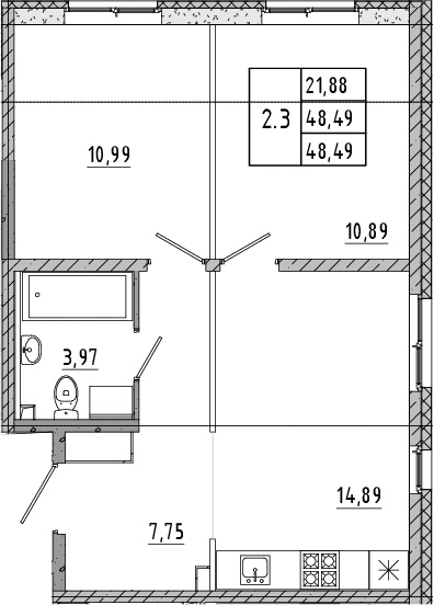 Планировка — Новые горизонты, 3-комн., 48 м²