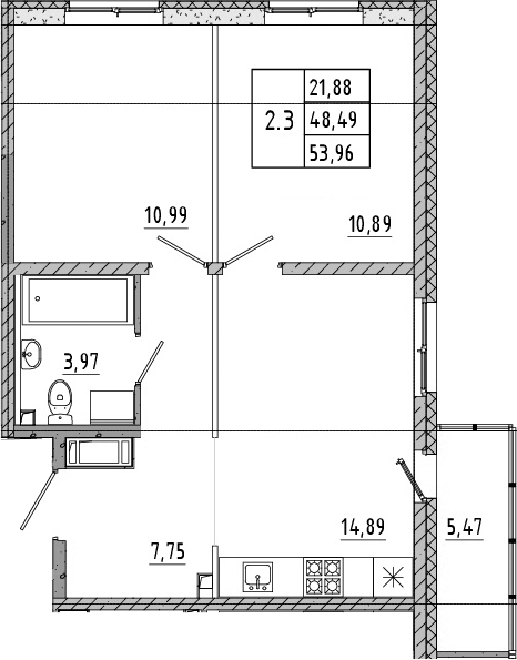 Планировка — Новые горизонты, 3-комн., 48 м²