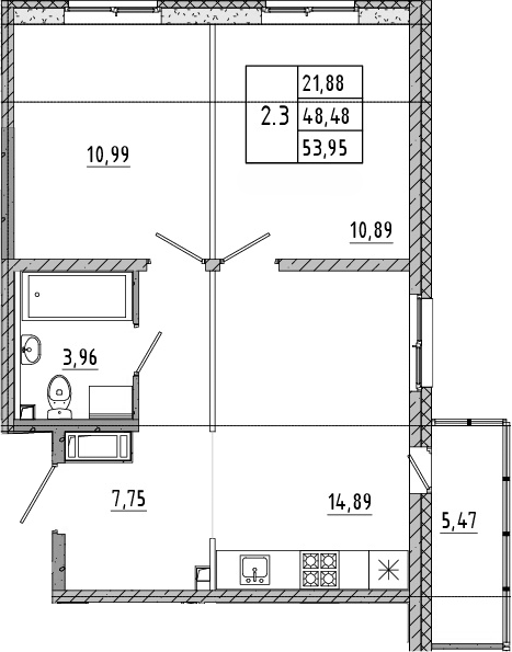 Планировка — Новые горизонты, 3-комн., 48 м²