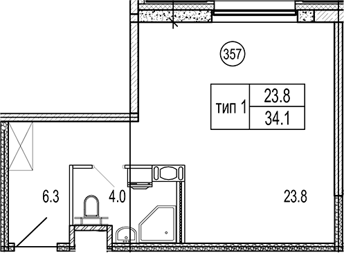 Планировка — VIDI, Студия, 34 м²
