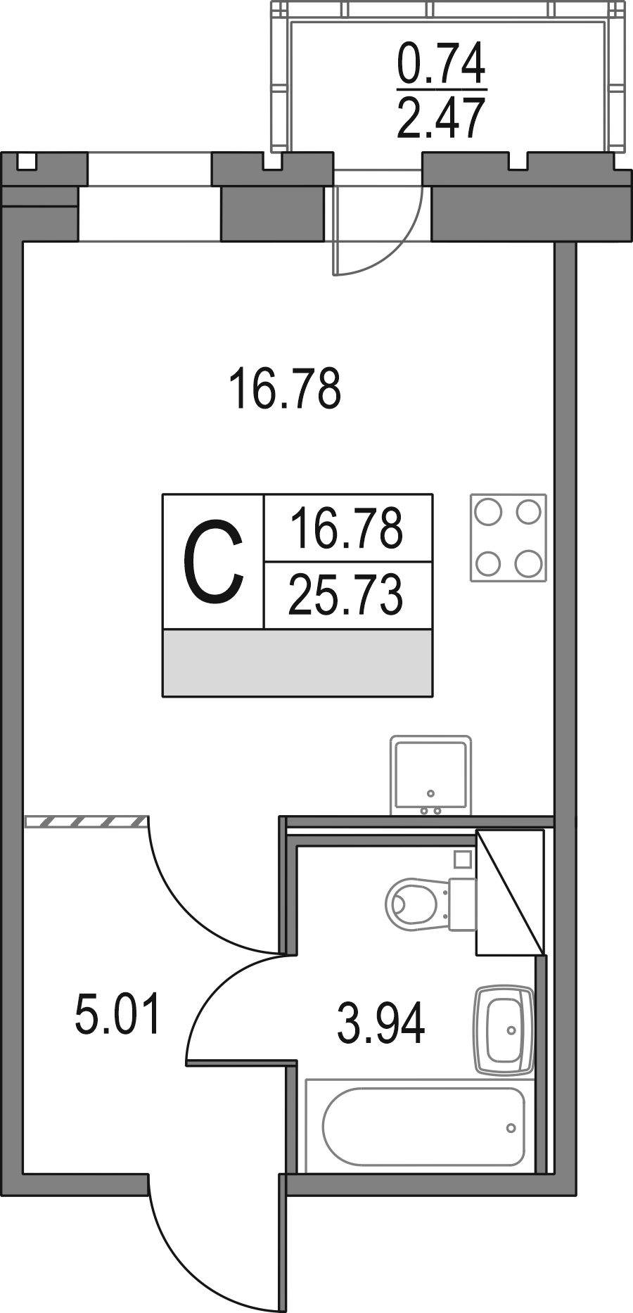 Планировка — Приморский квартал, Студия, 26 м²