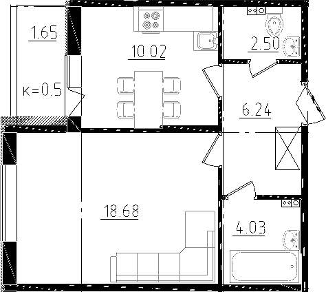 Планировка — Ювента, 1-комн., 43 м²