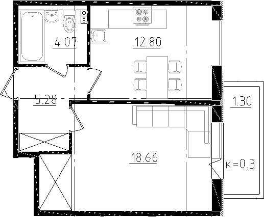 Планировка — Ювента, 1-комн., 41 м²