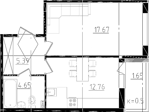Планировка — Ювента, 1-комн., 41 м²