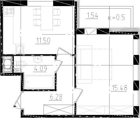 Планировка — Ювента, 1-комн., 39 м²