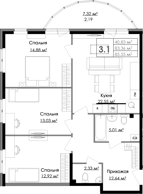 Планировка — Малая Финляндия, 4-комн., 83 м²