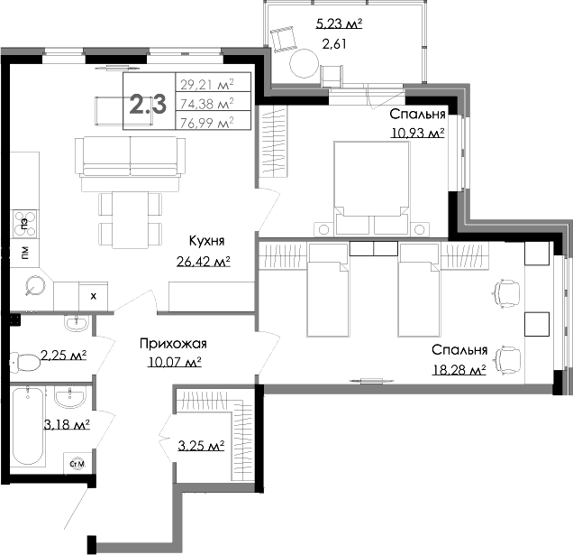 Планировка — Малая Финляндия, 3-комн., 74 м²