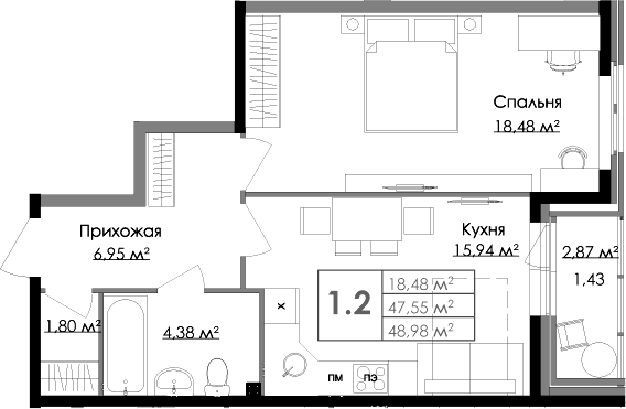 Планировка — Малая Финляндия, 2-комн., 48 м²
