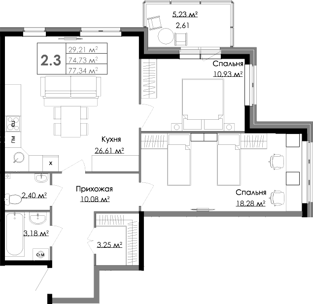 Планировка — Малая Финляндия, 3-комн., 75 м²