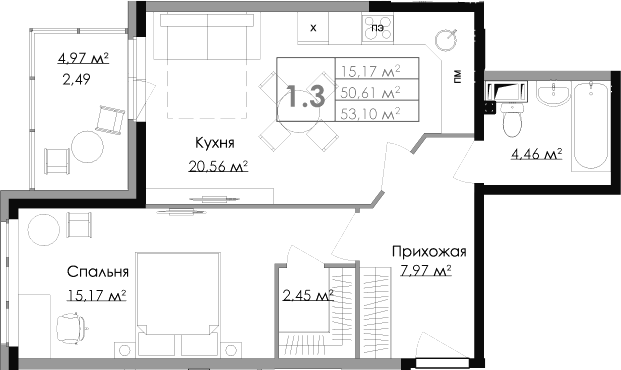 Планировка — Малая Финляндия, 2-комн., 51 м²
