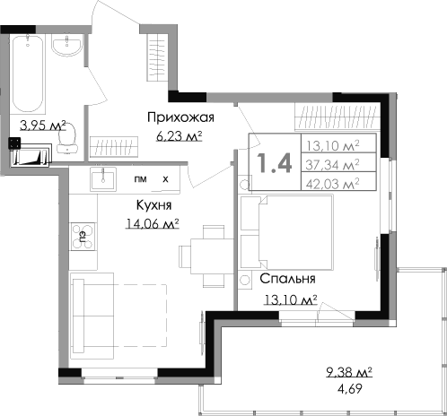 Планировка — Малая Финляндия, 1-комн., 37 м²