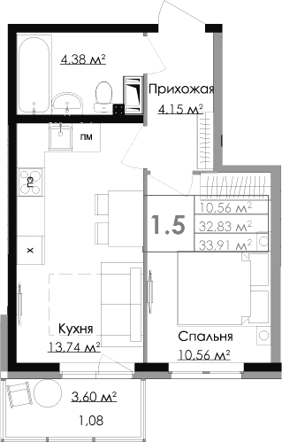 Планировка — Малая Финляндия, 1-комн., 33 м²