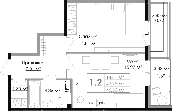 Планировка — Малая Финляндия, 2-комн., 44 м²