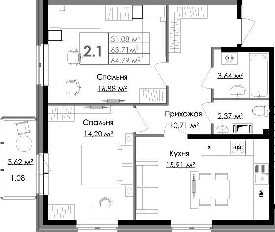 Планировка — Малая Финляндия, 3-комн., 64 м²